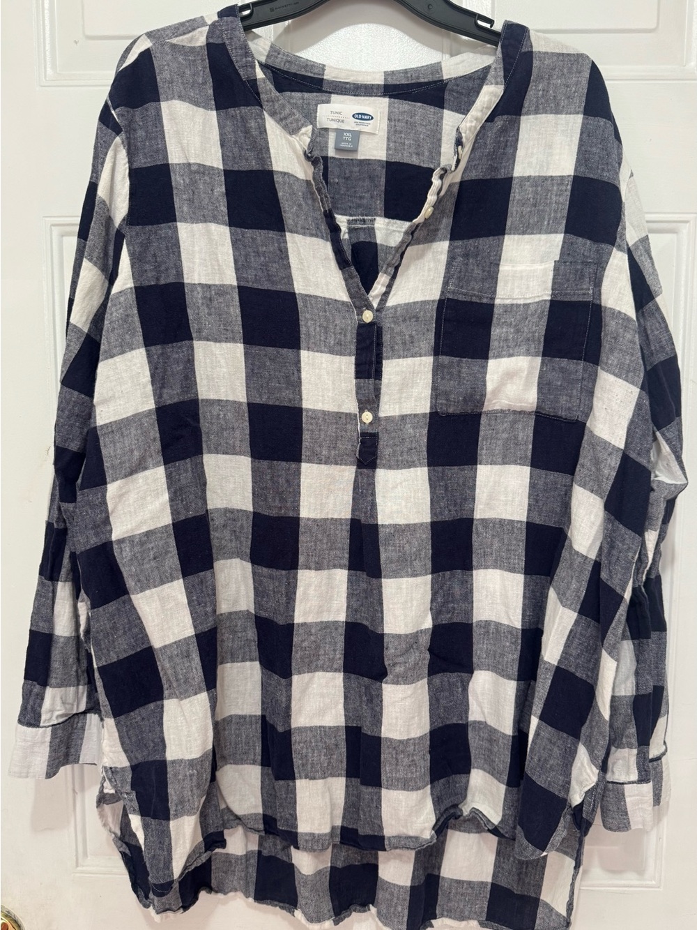 Old Navy Navy Blue White Buffalo Plaid Linen Blend Henley Tunic Shirt Top XXL
